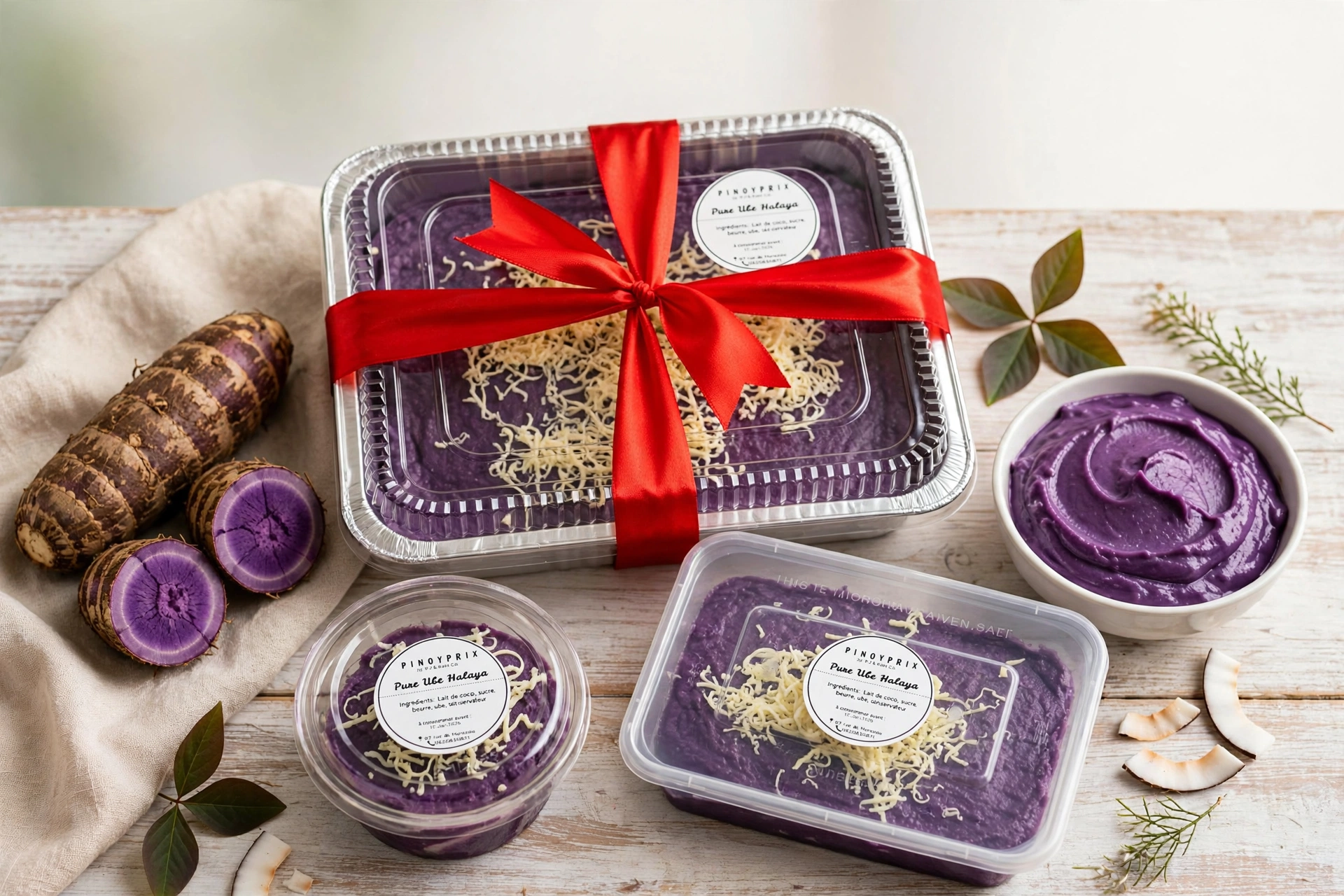 PinoyPrix pure ube halaya packed with a red ribbon, with ube and a bowl of halaya beside it